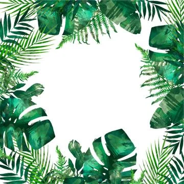 Tropical leaves frame. Circle frame. Watercolor illustration on white. Colorful Stock Illustration