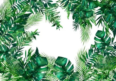 Tropical leaves frame. Circle frame. Watercolor illustration on white. Colorful Stock Illustration