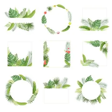 Tropical Leaves Frame with Space for Text Set, Banner, Rainforest Foliage Border Ilustração Stock