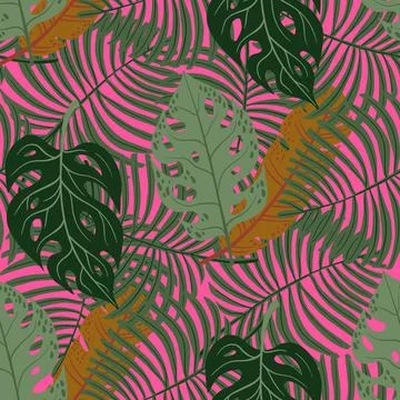 Tropical Leaves Hand drawn Vector Textile Seamless Pattern Design. Stock Illustration