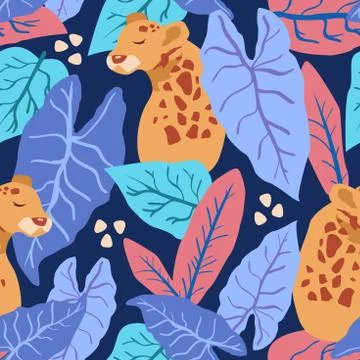 Tropical leaves with leopard seamless pattern. Vector background Illustrazione stock