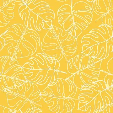 Tropical leaves outlines seamless pattern on yellow background Stock Illustration