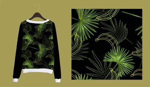 Tropical leaves pattern seamless. Trending palm leaves on a dark background 스톡 일러스트