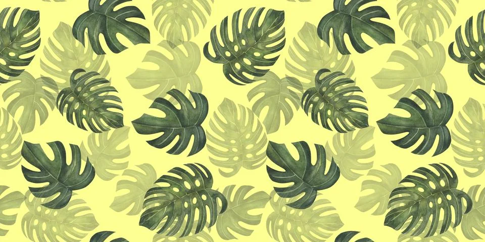 Tropical leaves pattern on yellow background. Green leaf monstera seamless Stock Illustration