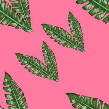 Tropical leaves realistic seamless pattern. Banana leaf and palm tree. Illustrazione stock