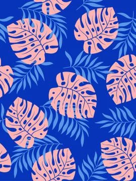 Tropical leaves seamless pattern on blue background. Vector illustration Stock Illustration