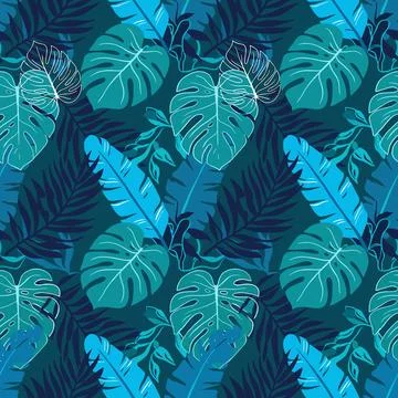 Tropical Leaves Seamless Pattern Blue Green Botanical Background. Stock Illustration