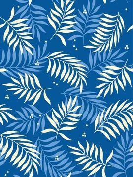 Tropical leaves seamless pattern on dark blue background. Vector illustration. Stock Illustration
