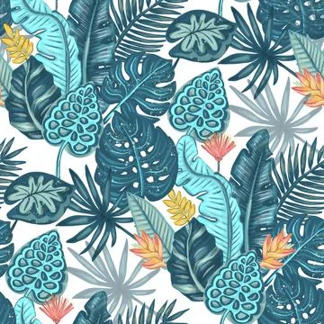 Tropical leaves seamless pattern design. rainforest backgroud Stock Illustration