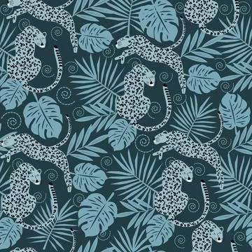Tropical leaves seamless pattern with  Doodle tiger Ilustración de archivo