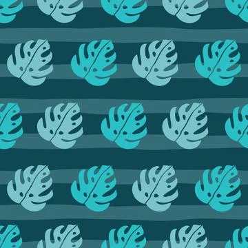 Tropical leaves seamless pattern on green stripes Stock Illustration
