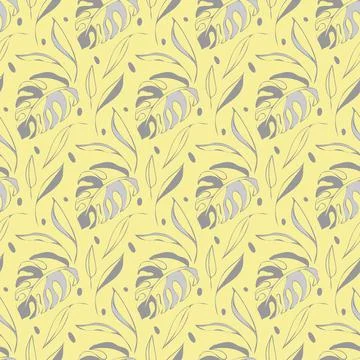 Tropical leaves seamless pattern, hand drawn sketch ink line shapes of monstera Stock Illustration