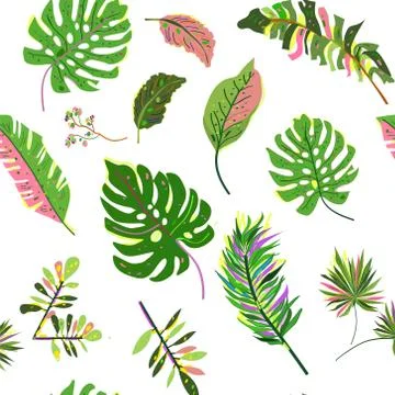 Tropical leaves seamless pattern with many plants. Vector graphic illustratio Stock Illustration
