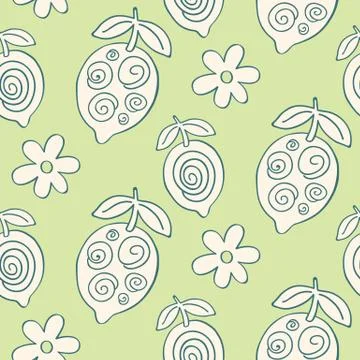 Tropical Leaves seamless pattern, modern hand drawn lemons Stock Illustration