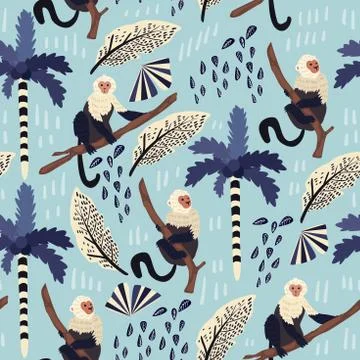 Tropical leaves seamless pattern with monkey. Summer vector background Stock-Illustration