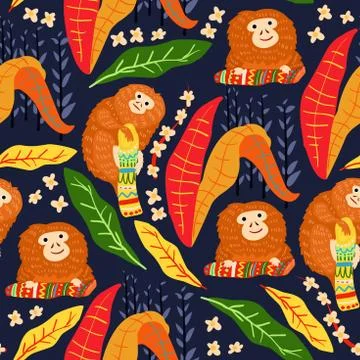 Tropical leaves seamless pattern with monkey. Summer vector background イラスト素材