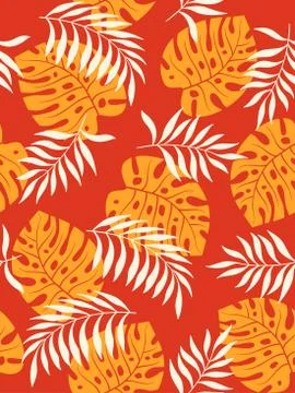 Tropical leaves seamless pattern on orange background. Vector illustration. Stock Illustration
