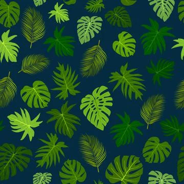 Tropical leaves seamless pattern over dark blue background Stock Illustration