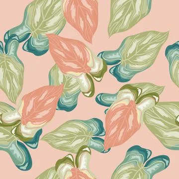 Tropical leaves seamless pattern on pink background. Summer tropical leaf end Stock Illustration