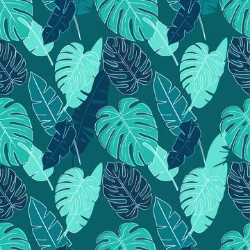 Tropical Leaves Seamless Pattern in Shades of Teal and Blue. Stock Illustration