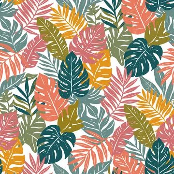 Tropical Leaves Seamless Pattern Vibrant Colors Botanical Design. Stock Illustration