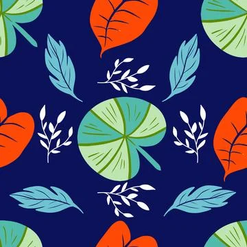 Tropical leaves seamless vector design on dark blue Stock Illustration