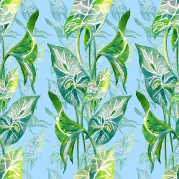 Tropical leaves seamless vertical pattern. Hand drawn watercolo illustration Stock Illustration