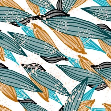 Tropical leaves shape seamless pattern. Line art leaf endless ornament. Botan Stock Illustration