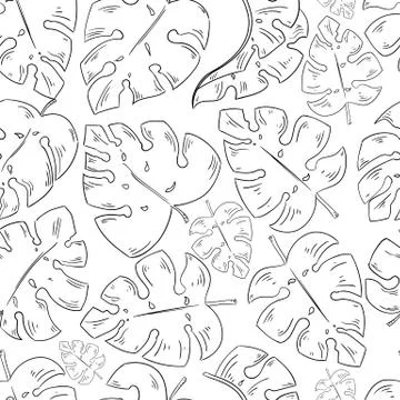Tropical leaves sketch seamless pattern exotic elements on the white background. 스톡 일러스트