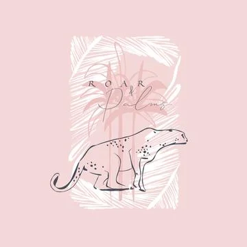 Tropical Leopard with Exotic Palm Trees and Leaves, Wild Animal Jungle Line 스톡 일러스트