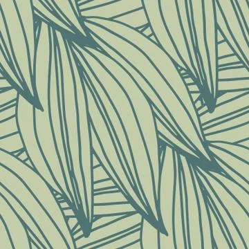 Tropical linear leaves shape seamless pattern. Exotic leaf elements. Doodle l Illustrazione stock