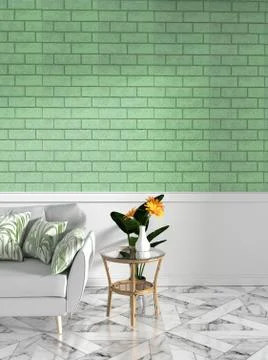 Tropical Loft interior mock up with sofa and decoration and green brick wall  Stock Illustration