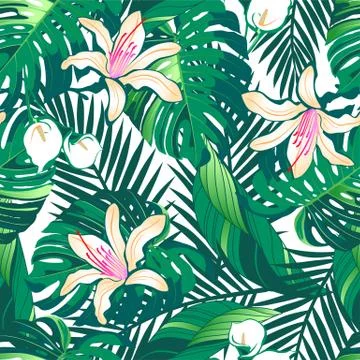 Tropical lush flowers seamless pattern on a white background Stock Illustration