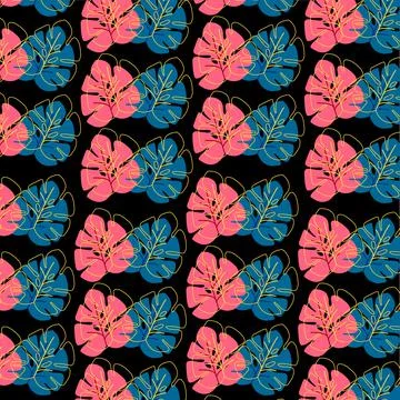 Tropical monstera leaf pattern on black background Stock-Illustration