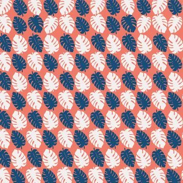 Tropical Monstera Leaf Pattern in Coral and Navy Blue. Stock Illustration