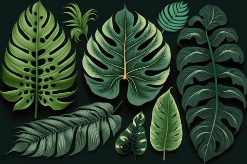 Tropical monstera leaf pattern on dark background Illustrazione stock