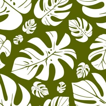 Tropical monstera leaf seamless pattern with white leaves on a green background 스톡 일러스트