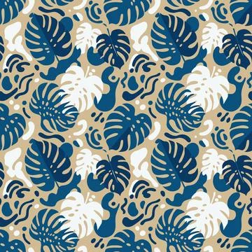 Tropical Monstera Leaves Pattern in Blue and White on Beige Background. Stock Illustration