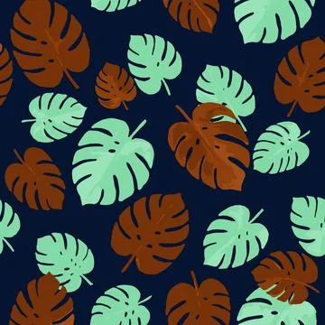 Tropical Monstera Leaves Pattern on Dark Blue Background. Stock Illustration