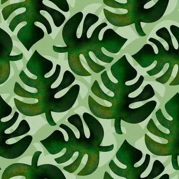 Tropical Monstera Leaves Pattern on Light Green Background Stock Illustration