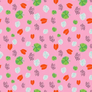 Tropical motifs repeat pattern on pink background Stock Illustration