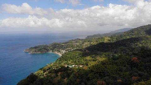 Tropical Mountain Shoreline Drone Stock Footage