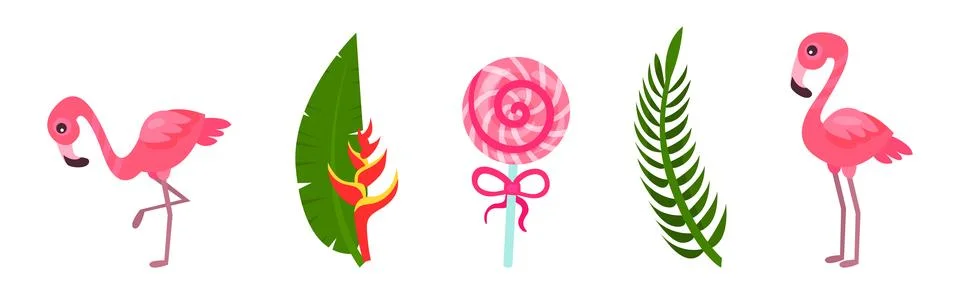 Tropical Objects and Element with Flamingo, Fern Leaf and Pink Candy Vector Set 스톡 일러스트