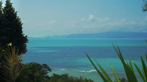 Tropical ocean beach landscape view through palm leaves. Paradise, Dream 4K Stock Footage 108215971