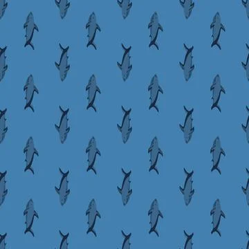 Tropical ocean seamless pattern with small shark silhouettes. Blue pastel bac 스톡 일러스트