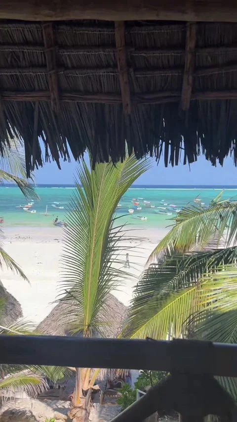 Tropical ocean view balcony thatched roof palm trees Matemwe Zanzibar HD Stock-Footage 342148243