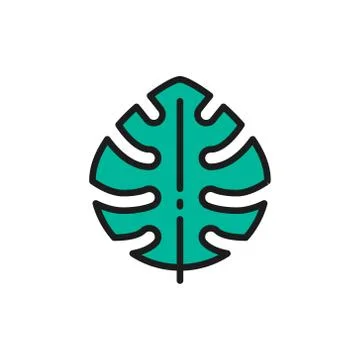 Tropical palm leaf, monstera leaf plant flat color line icon. Stock Illustration