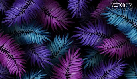 Tropical palm leaf pattern neon colored. Summer night jungle background. Trop Stock Illustration