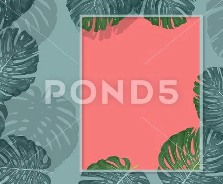 Tropical palm leaves frame on coral backdrop. Summer tropical leaf. Exotic ha Stock Illustration