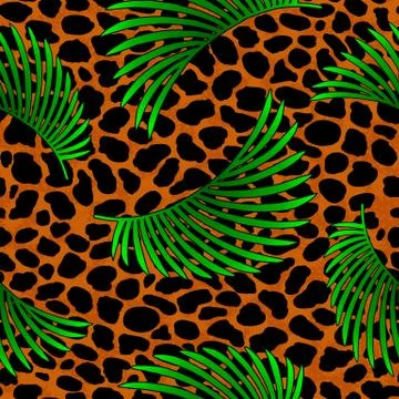 Tropical palm leaves jungle on leopard fur seamless vector pattern background Illustrazione stock